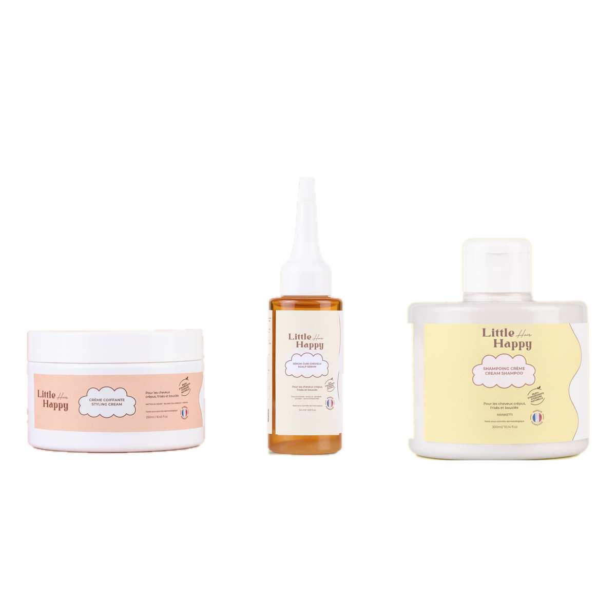 Routine 3 soins Little Happy Hair : shampoing, crème coiffante et sérum